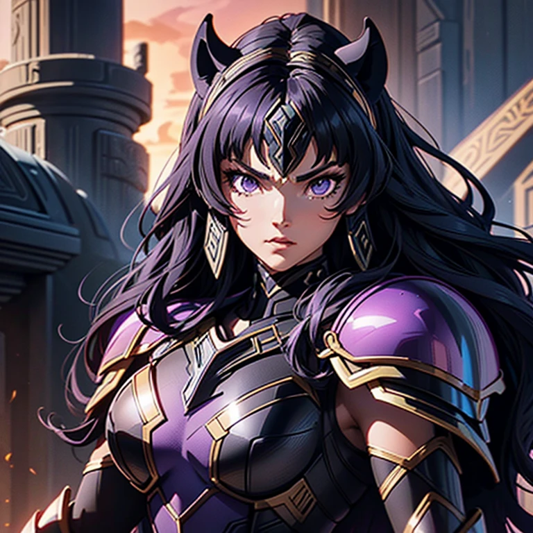 A woman wearing a black panther armor,, Saint Seiya, Black panther Armor, panther helmet, Dark purple hair, mid-long hair, , Charismatic character, Avatar de seconde vie, Nice screenshot, Femme seduisante vue complète du corps, High quality, very detailed skin