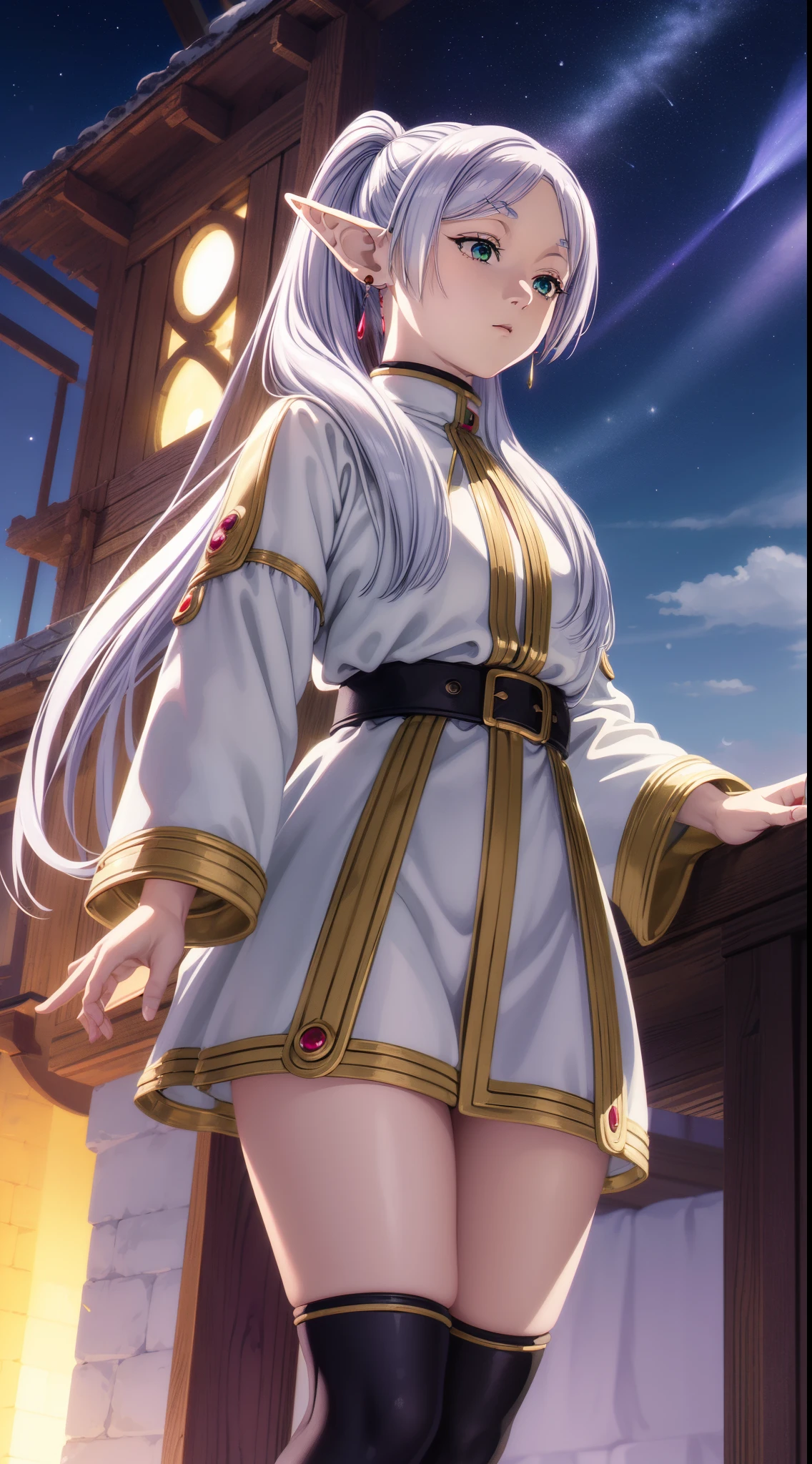 ​masterpiece、(top-quality:1.2)、(ultra-detailliert:1.2)、illustratio、(extremely delicate and beautiful:1.2)、scinematic angle、floating、(beatiful detailed eyes:1.1)、(Detailed light:1.1)、Cinematic lighting、Beautifully detailed sky、femele、radiant eyes、(a moon:1.2)、(rays of moonlight:1.1)、starrysky、(lighting particle:1.1)、foggy、Snow painting、Sketched、florals、(masutepiece, Best Quality, very detailed illustration, 8K UHD), freeze, Green eye, elf, pointy ear, White hair, Twin-tailed, earrings,thighs thighs thighs thighs, Looking at Viewer, Embrace the Magic Stuff, Dynamic Pose, Big breasts、Black tights
