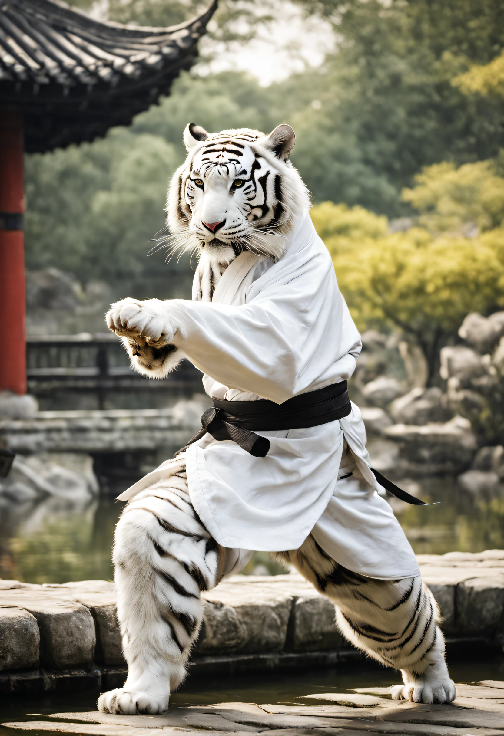 imagine, like a humanoid (anthropomorphic) White tiger in a white kimono practices kung fu in a picturesque Chinese garden, White tiger fluffy, Tiger - kung fu fighter, kung fu training, Anthropomorphic white tiger, Hi-Def, Best Quality, Highest Resolution, 8K, Feature photo, Photorealistic quality, higly detailed