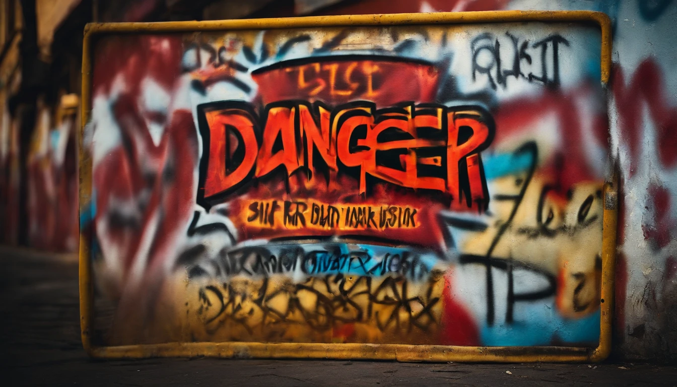 A close-up shot of a danger sign covered in graffiti, with the vibrant and expressive artwork contrasting against the stark warning message, creating a visually intriguing and thought-provoking image.