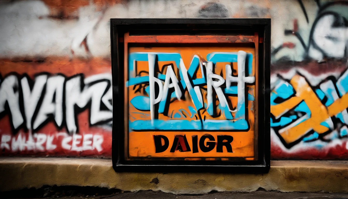 A close-up shot of a danger sign covered in graffiti, with the vibrant and expressive artwork contrasting against the stark warning message, creating a visually intriguing and thought-provoking image.