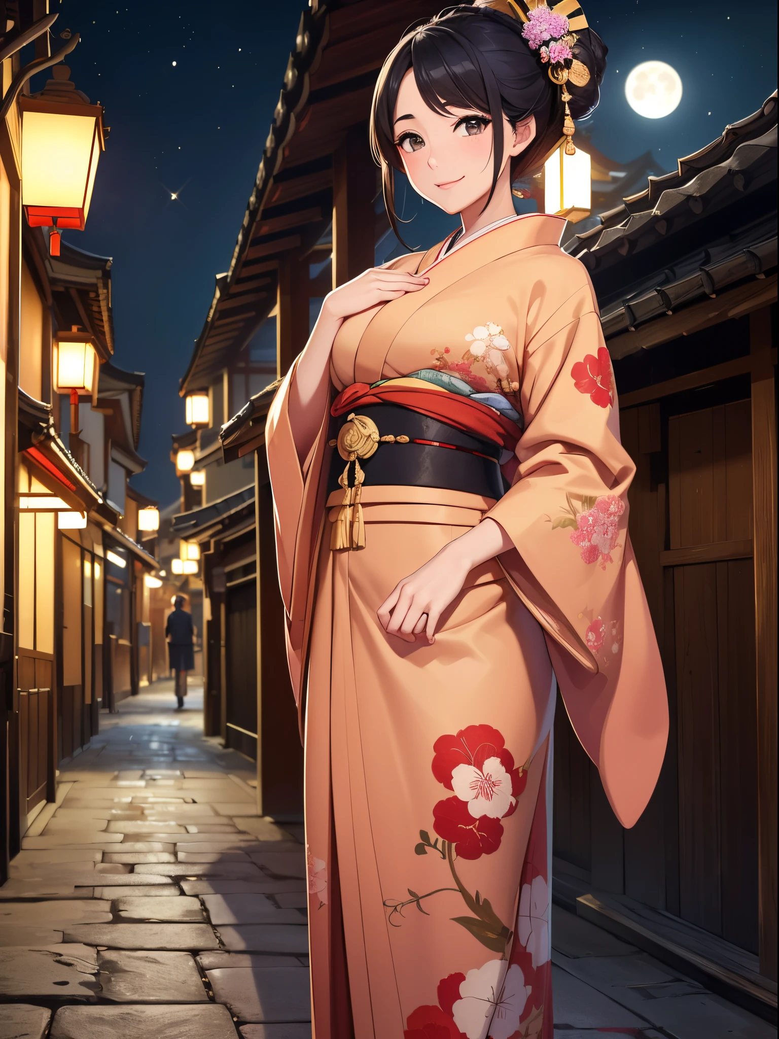 (8K、top-quality、​masterpiece)、Taisho Era、japanese kimono、Beautiful adult woman、Graceful、Kyoto Street,Smile、((Super Giant )),heartful、Moon Night,The beautiful old town of Kyoto,people,