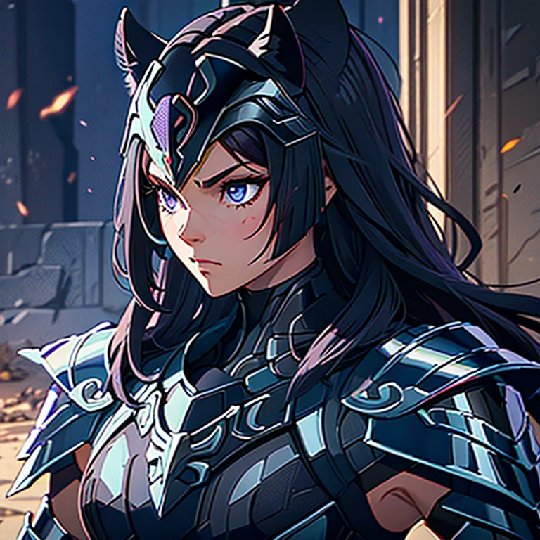 A woman wearing a black panther armor,, Saint Seiya, Black panther Armor, panther helmet, Dark purple hair, mid-long hair, , Charismatic character, Avatar de seconde vie, Nice screenshot, Femme seduisante vue complète du corps, High quality, very detailed skin