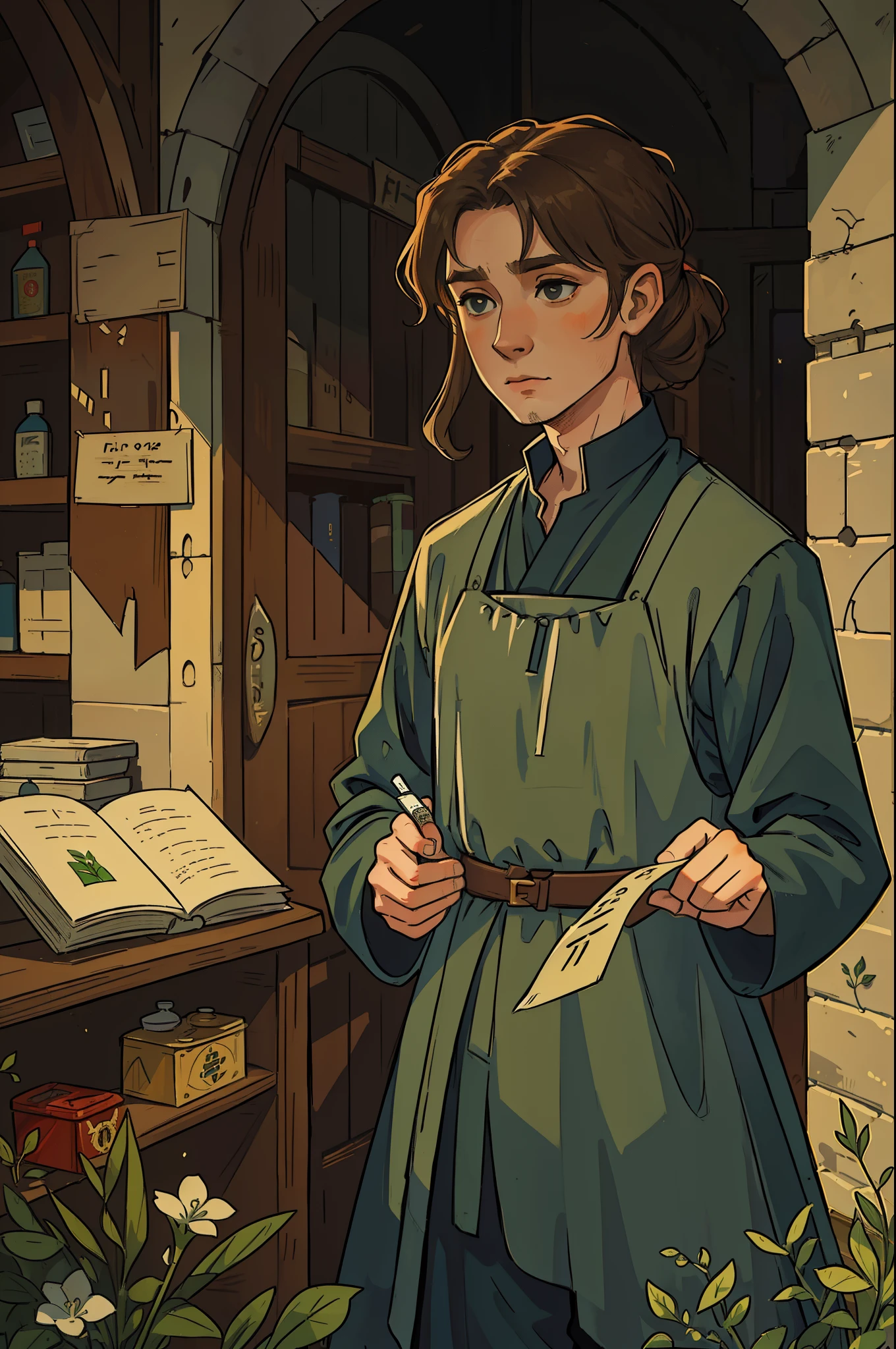 ???: 11th century. Location: Londres. Pre-Raphaelite scene with a 31-year-old Englishman, medic, buying herbs in a pharmacy, ((((11th century plain tunic)))) ((11th century hairstyle)), (((Estilo de filme)))