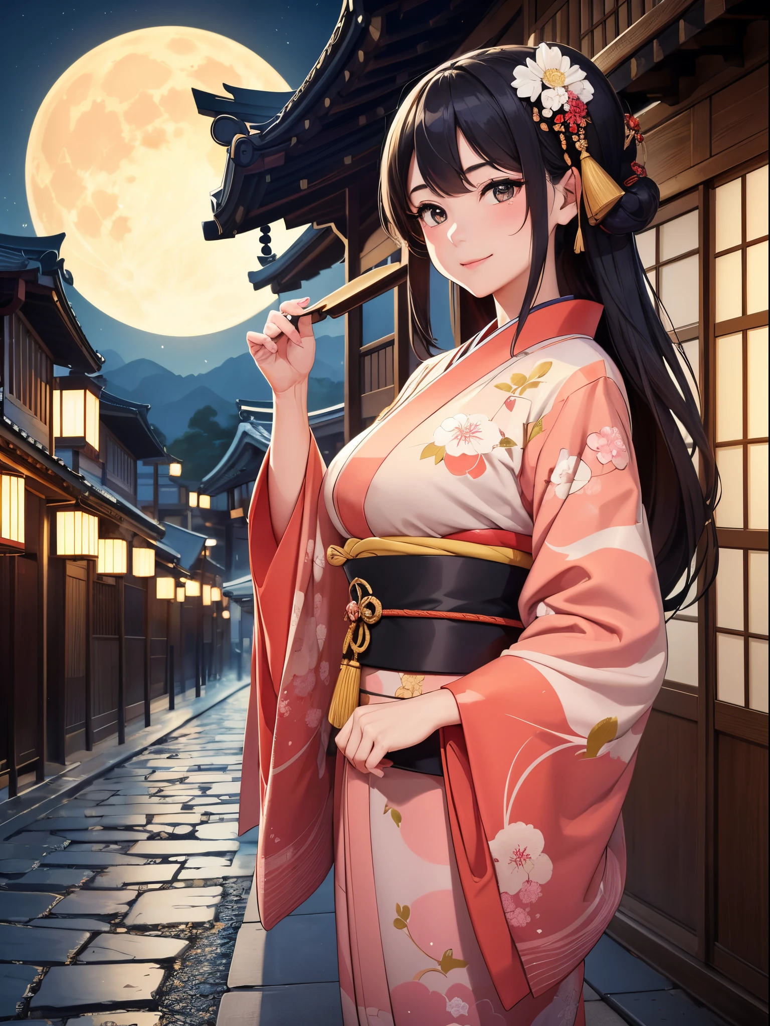 (8K、top-quality、masterpiece)、Taisho Era、japanese kimono、Beautiful adult woman、Graceful、Kyoto Street,Smile、((Super Giant Chest)),heartful、Moon Night,The beautiful old town of Kyoto,people,