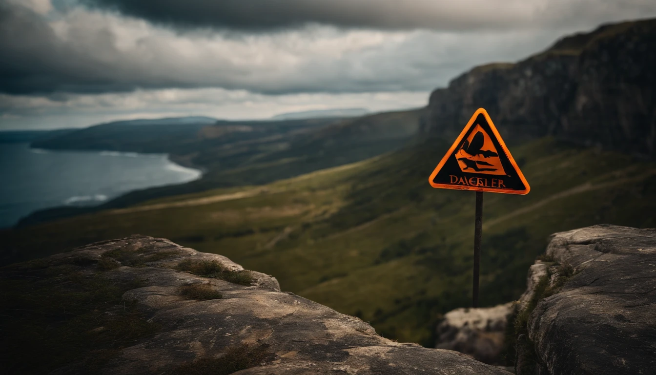 A high-resolution image of a danger sign posted at the edge of a steep cliff, with the vast landscape and drop-off creating a visually stunning and awe-inspiring scene.