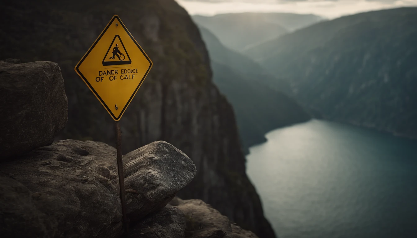 A high-resolution image of a danger sign posted at the edge of a steep cliff, with the vast landscape and drop-off creating a visually stunning and awe-inspiring scene.