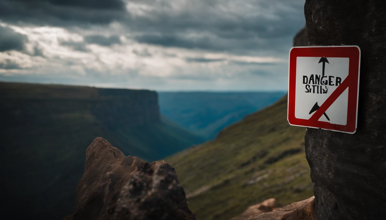 A high-resolution image of a danger sign posted at the edge of a steep cliff, with the vast landscape and drop-off creating a visually stunning and awe-inspiring scene.