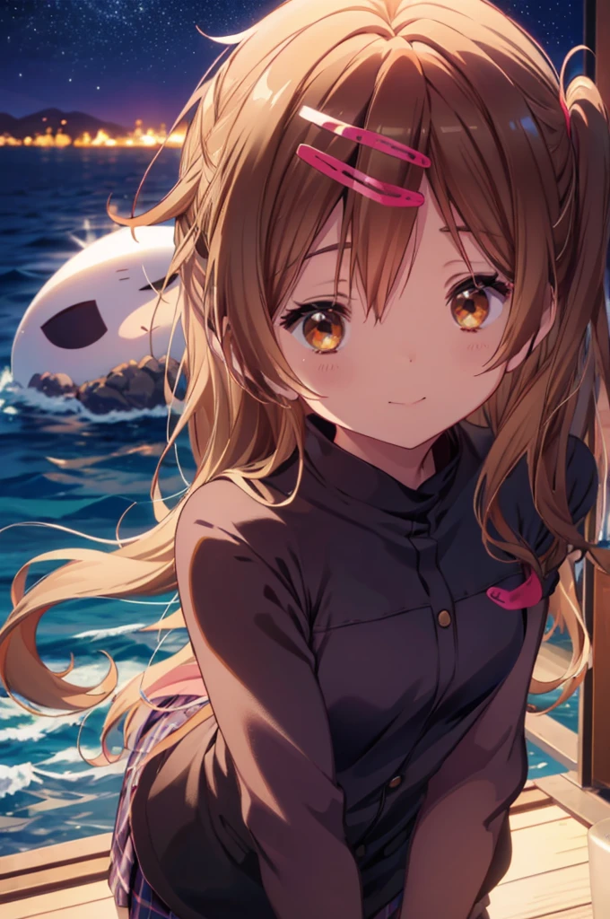 Nibutani shinka, smile face, minimung light on undersky night with sea of stars, casual dark outfit, mature lady