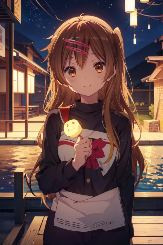 Nibutani shinka, smile face, minimung light on undersky night with sea of stars, casual dark outfit, mature lady