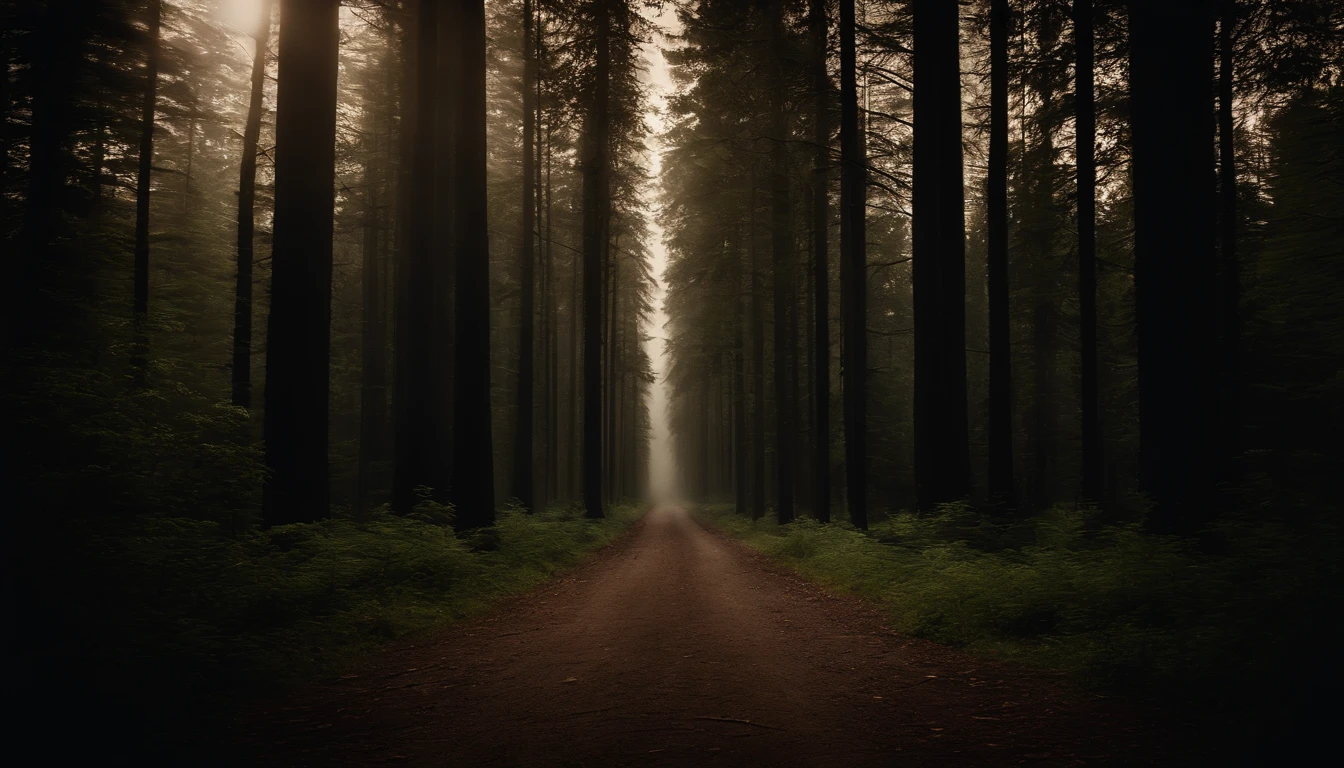 A visually stunning composition of a danger sign surrounded by a forest of tall, ominous trees, with shadows cast across the sign and creating a visually haunting and mysterious image.