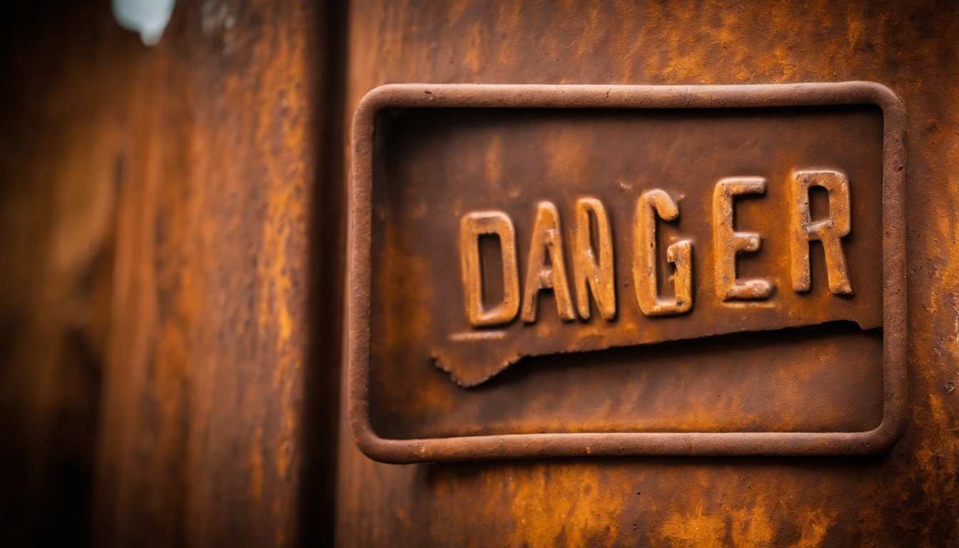 A close-up shot of a danger sign covered in rust and corrosion, with the deteriorating metal adding to the sense of danger and decay, creating a visually textured and worn image.