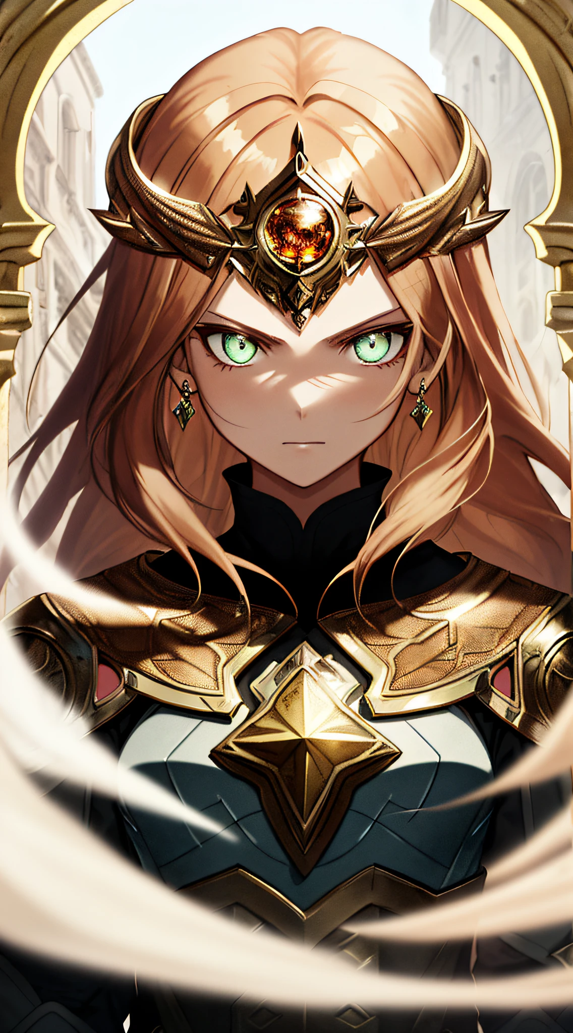 (absurderes, Intricate details, masutepiece, Best Quality, High resolution, 8K), 1 girl, finely detailed eyes and face, low-faded hair of reddish-brown color,,,, Amber eyes, Portrait, Looking at Viewer, Solo, Half shot, Detailed background, (Light Fantasy Theme:1.1), Focusing, mercenaries, Sunshine, Floating scrap, Color Plate Armor, divine aura, Bright and realistic lighting, Marble castle, Intense atmosphere, circlet, coat of arms, brazier, , depth of fields, VFX.