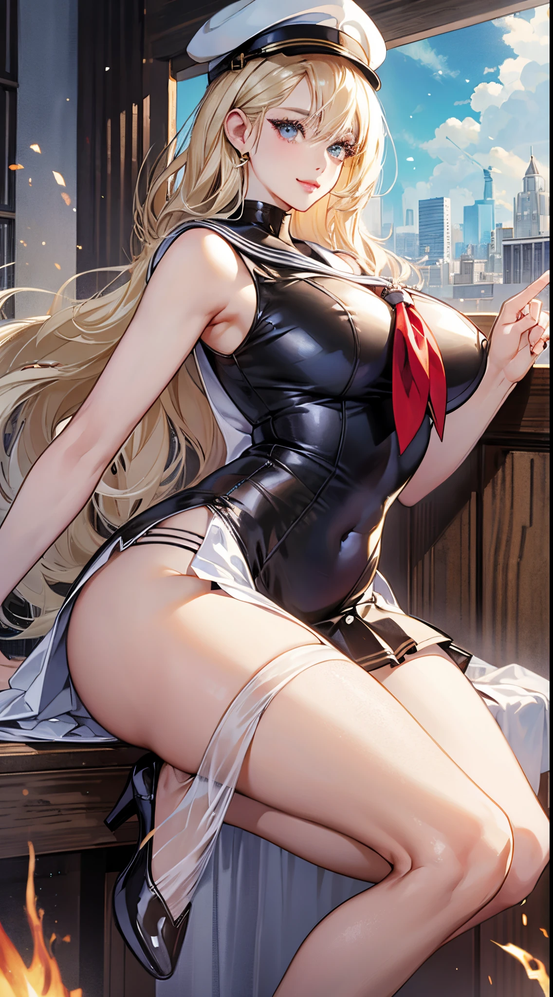 top-quality、realistic touch,high-detail、photoRealstic、Long body、skirts that are too short、Sleeveless、captive beauty、big eye、??????????? that are about to fall out of your clothes、Strong platinum blonde eyelashes、platinum-blonde、Beautie、A ????、full body Esbian、Sparkling eyes、Submissive smile、Flushed cheeks、Kamimei、thin-waist、Voluptuous thighs、Enraptured look、Raked bangs、The forehead is protruding、See-through clothing、high-heels、 latex clothes、a sailor suit