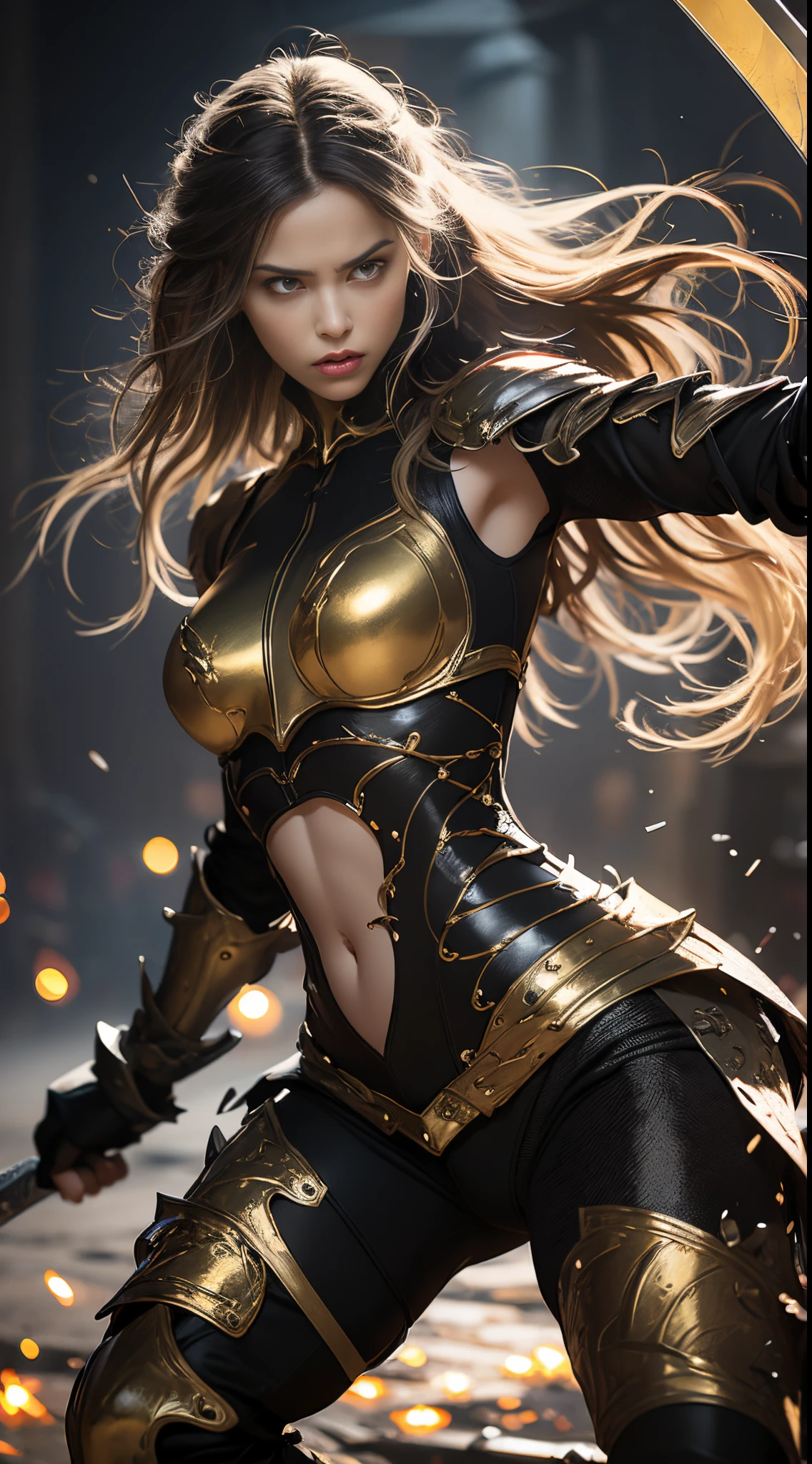 NSFW, 8k, best quality, highres, realistic, real person, A dramatic scene of the same fierce and muscular female knight with golden hair, now in a defensive and struggling pose. She is wearing light armor that reveals her muscular abdomen and arms, and her expression shows intense strain and struggle as she is being struck by a sword. The background depicts the chaos of the battle and the ancient castle.