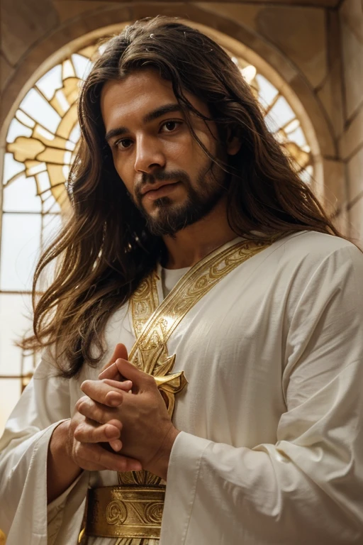 "Depict Jesus Christ in a representation of divine blessing. He's standing, com uma postura calma e tranquila, emanating an aura of love and compassion. Seus olhos transmitem serenidade e sabedoria, as His right hand gently lifts, extended as a gesture of blessing to those around.
Detail the soft lighting that surrounds this scene, seja por meio de uma luz celestial suave ou um brilho dourado que ressalte Sua figura. Descreva o ambiente ao redor de Jesus, enfatizando um local sagrado, a celestial landscape or symbolic context that enhances the sense of grace and divine protection. Convey the feeling of peace and protection that this image of Jesus blessing brings with it."