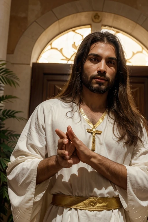 "Depict Jesus Christ in a representation of divine blessing. He's standing, com uma postura calma e tranquila, emanating an aura of love and compassion. Seus olhos transmitem serenidade e sabedoria, as His right hand gently lifts, extended as a gesture of blessing to those around.
Detail the soft lighting that surrounds this scene, seja por meio de uma luz celestial suave ou um brilho dourado que ressalte Sua figura. Descreva o ambiente ao redor de Jesus, enfatizando um local sagrado, a celestial landscape or symbolic context that enhances the sense of grace and divine protection. Convey the feeling of peace and protection that this image of Jesus blessing brings with it."