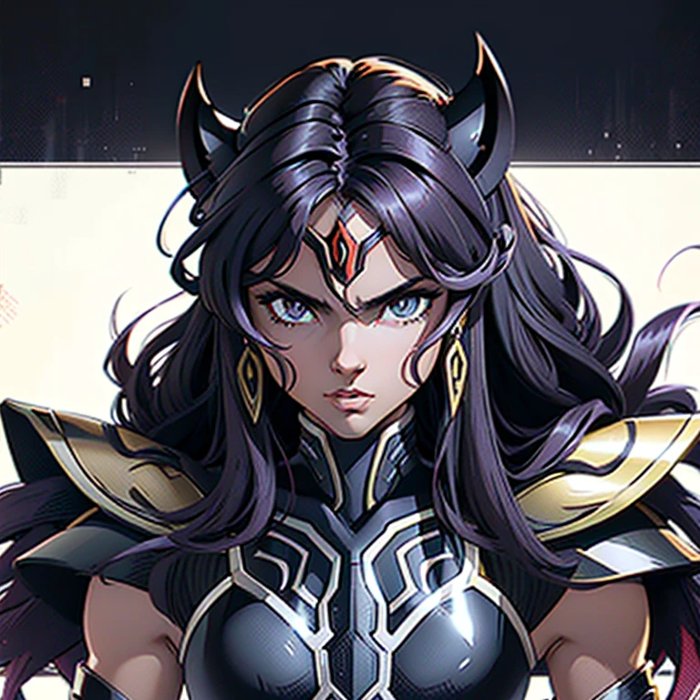 A woman wearing a black panther armor,, Saint Seiya, Black panther Armor, panther helmet, Dark purple hair, mid-long hair, , Charismatic character, Avatar de seconde vie, Nice screenshot, Femme seduisante vue complète du corps, High quality, very detailed skin