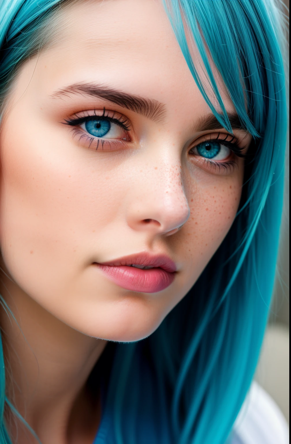 A woman in her 20s, looking at the camera, she has freckles, blue eyes, she has Lush blue hair, lip peircing, athletic body hyperdetailed, hyperrealism, ((best quality)), ((masterpiece)), (detailed), 8k uhd, Nikon 70d, ISO200, F/2.8, 1/25sec, 70mm