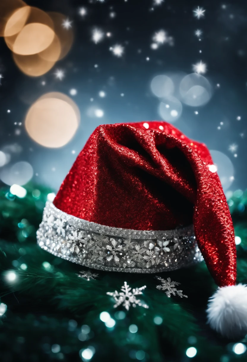 A high-resolution image of a Christmas hat adorned with sparkling sequins and shimmering silver snowflakes, creating a visually glamorous and festive scene.
