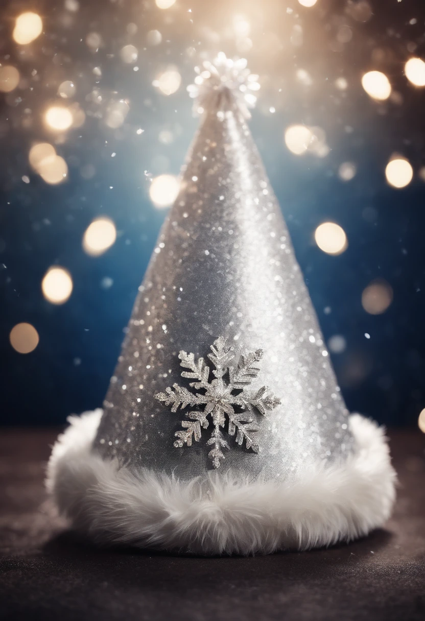 A high-resolution image of a Christmas hat adorned with sparkling sequins and shimmering silver snowflakes, creating a visually glamorous and festive scene.