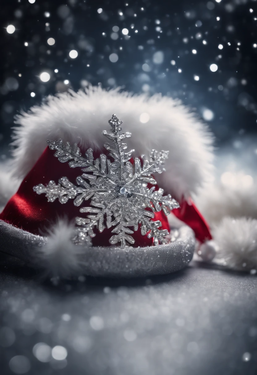 A high-resolution image of a Christmas hat adorned with sparkling sequins and shimmering silver snowflakes, creating a visually glamorous and festive scene.