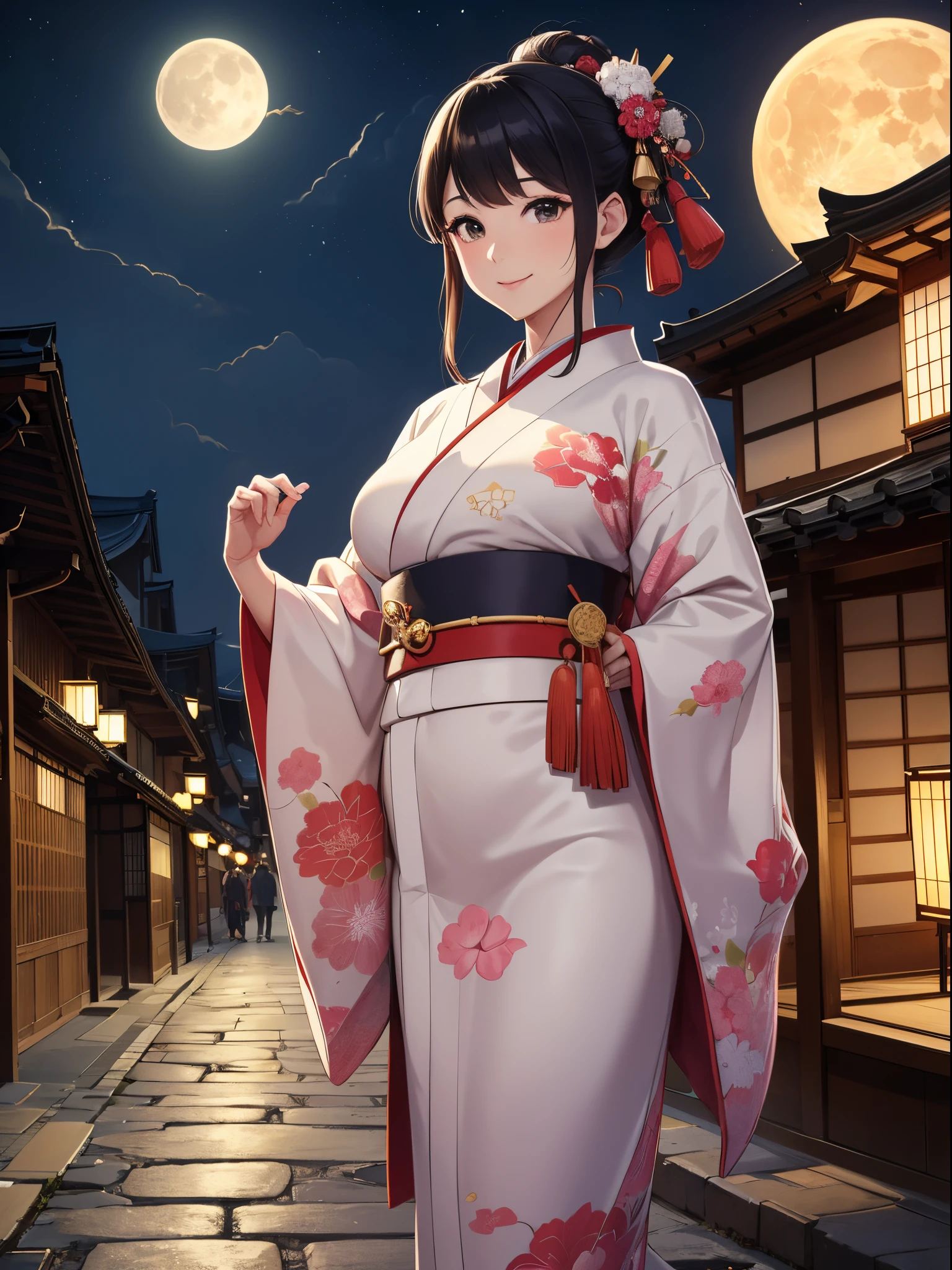 (8K、top-quality、masterpiece)、Taisho Era、japanese kimono、Beautiful adult woman、Graceful、Kyoto Street,Smile、((Super Giant Chest)),heartful、Moon Night,The beautiful old town of Kyoto,people,