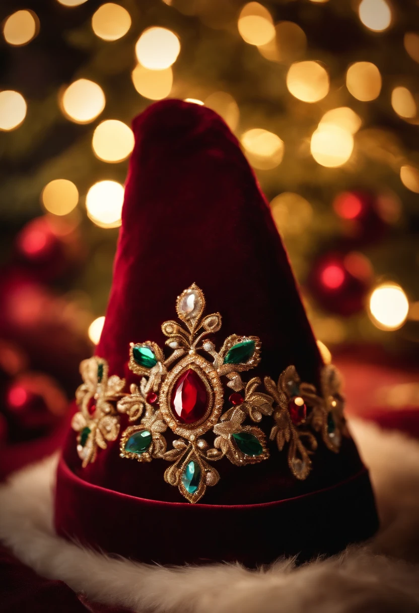 A visually stunning composition of a Christmas hat made from plush velvet, with intricate embroidery and beading in rich gold and jewel tones, creating a visually elegant and luxurious image.