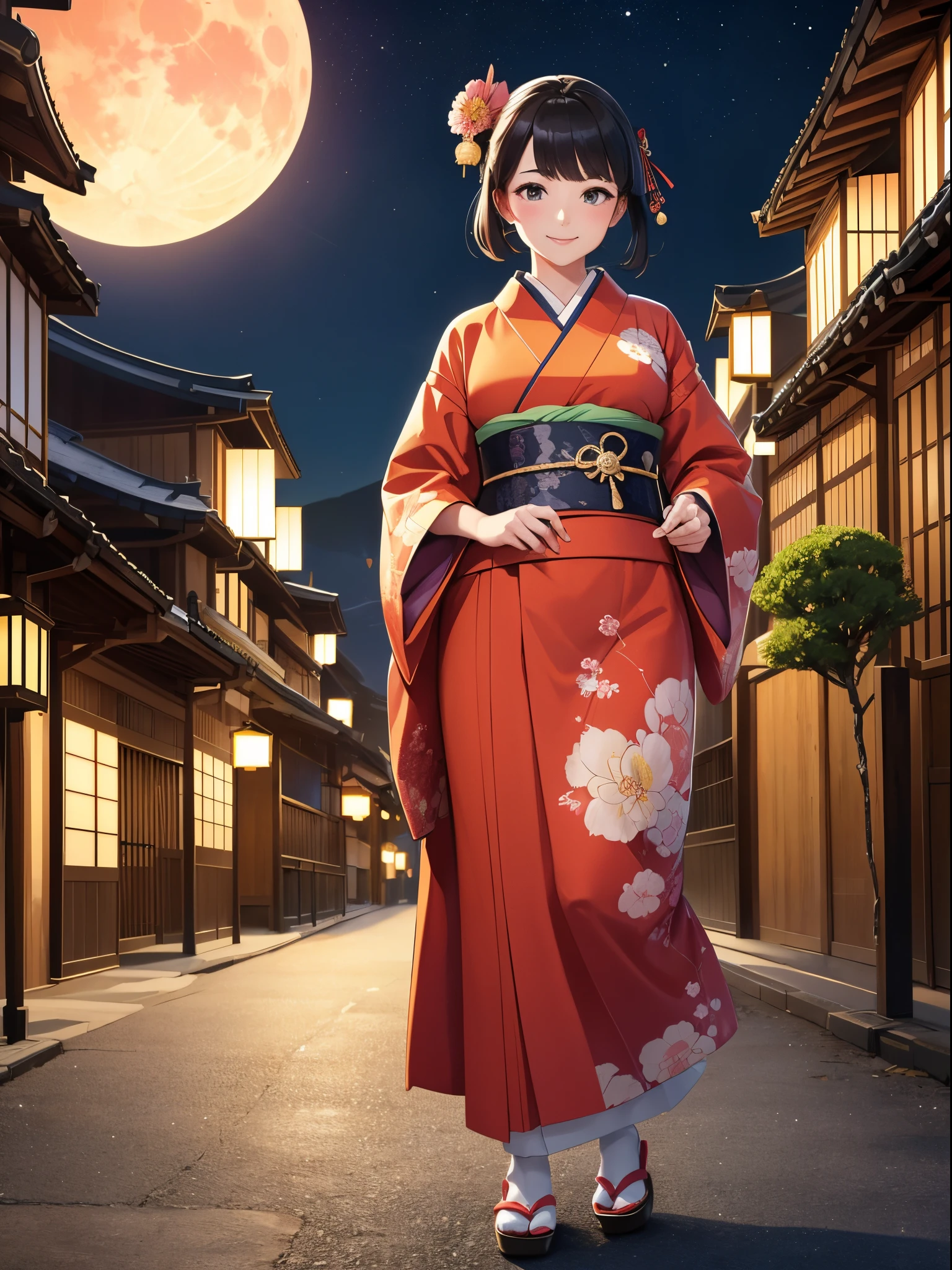(8K、top-quality、masterpiece)、Taisho Era、japanese kimono、Beautiful adult woman、Graceful、Kyoto Street,Smile、((Super Giant Chest)),heartful、Moon Night,The beautiful old town of Kyoto,people,