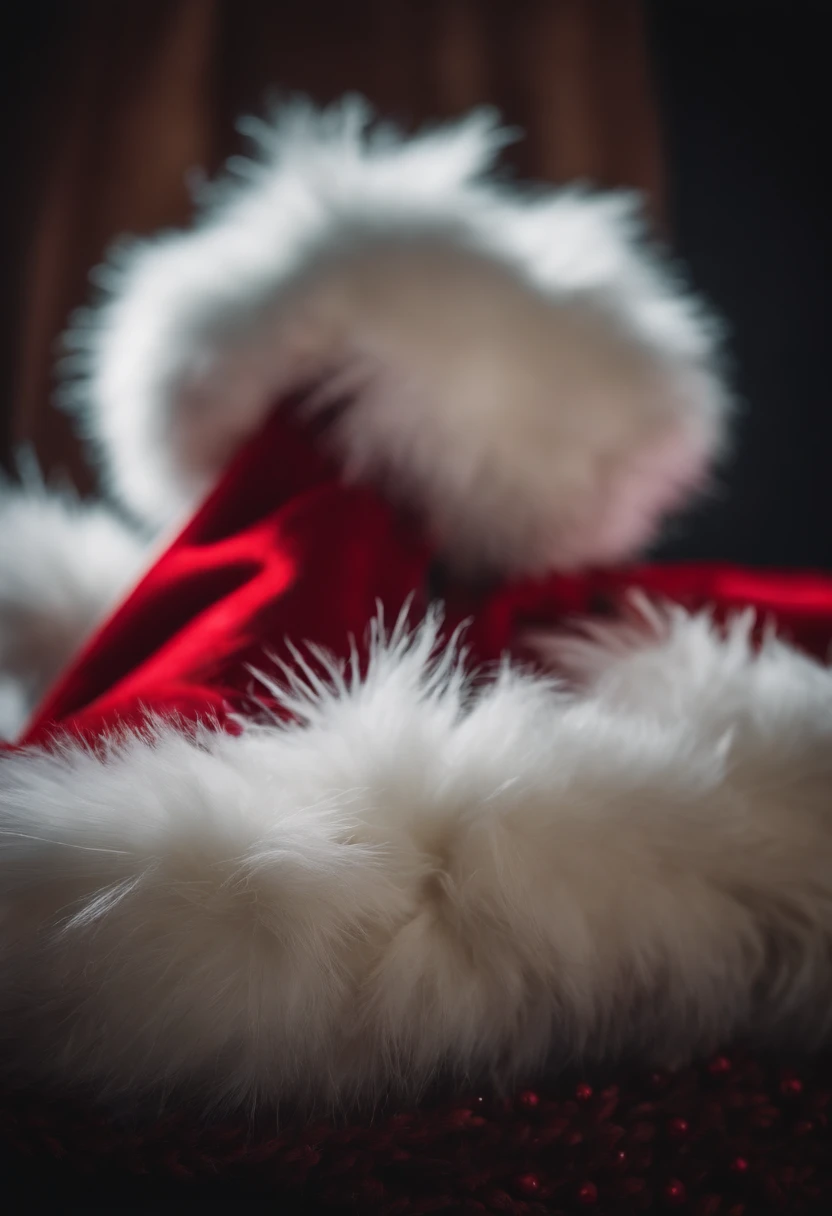 A close-up shot of a Christmas hat covered in fluffy faux fur, with individual strands visible and creating a visually soft and cozy image.