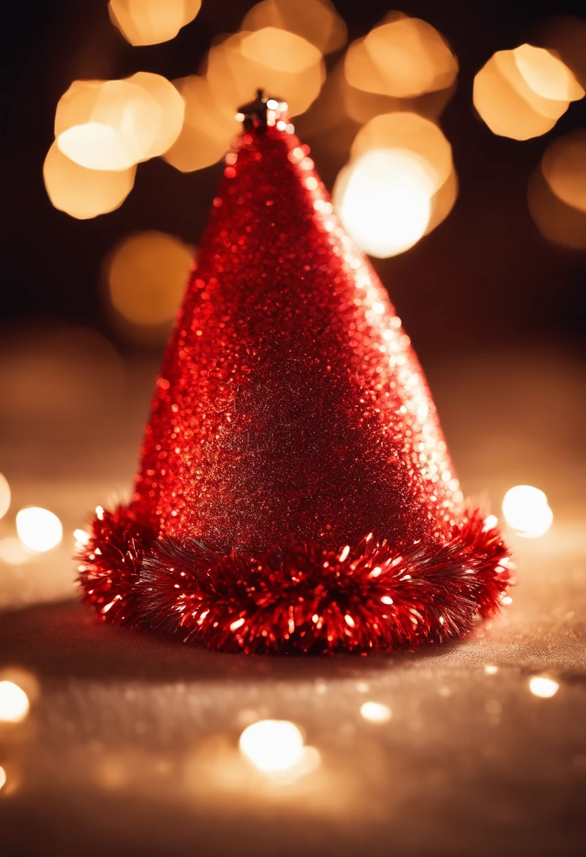 A high-resolution image of a Christmas hat with a pom-pom made from metallic tinsel, reflecting the surrounding lights and creating a visually dazzling and playful scene.