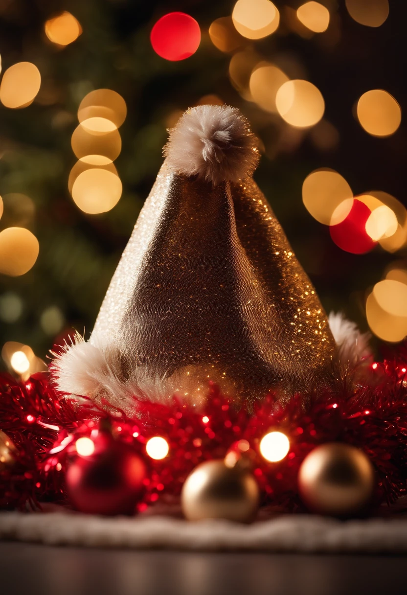 A high-resolution image of a Christmas hat with a pom-pom made from metallic tinsel, reflecting the surrounding lights and creating a visually dazzling and playful scene.