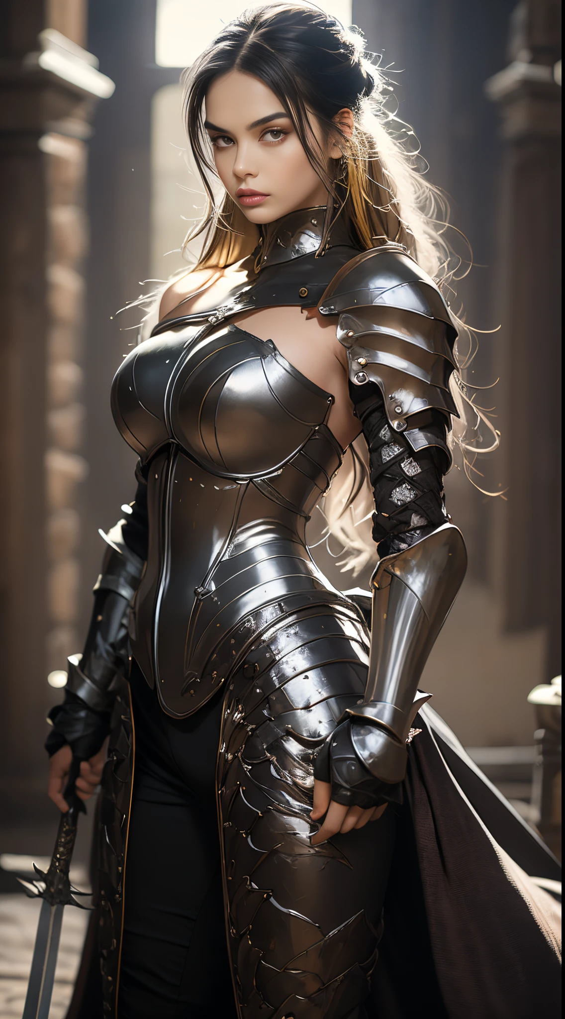 a beautiful girl in knight armor, blonde hair, dark fantasy,