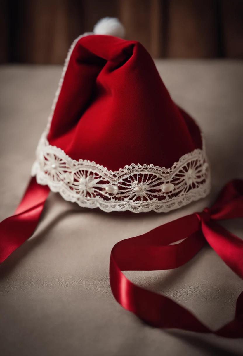 A visually pleasing composition of a Christmas hat adorned with delicate lace and satin ribbons, creating a visually romantic and whimsical image.