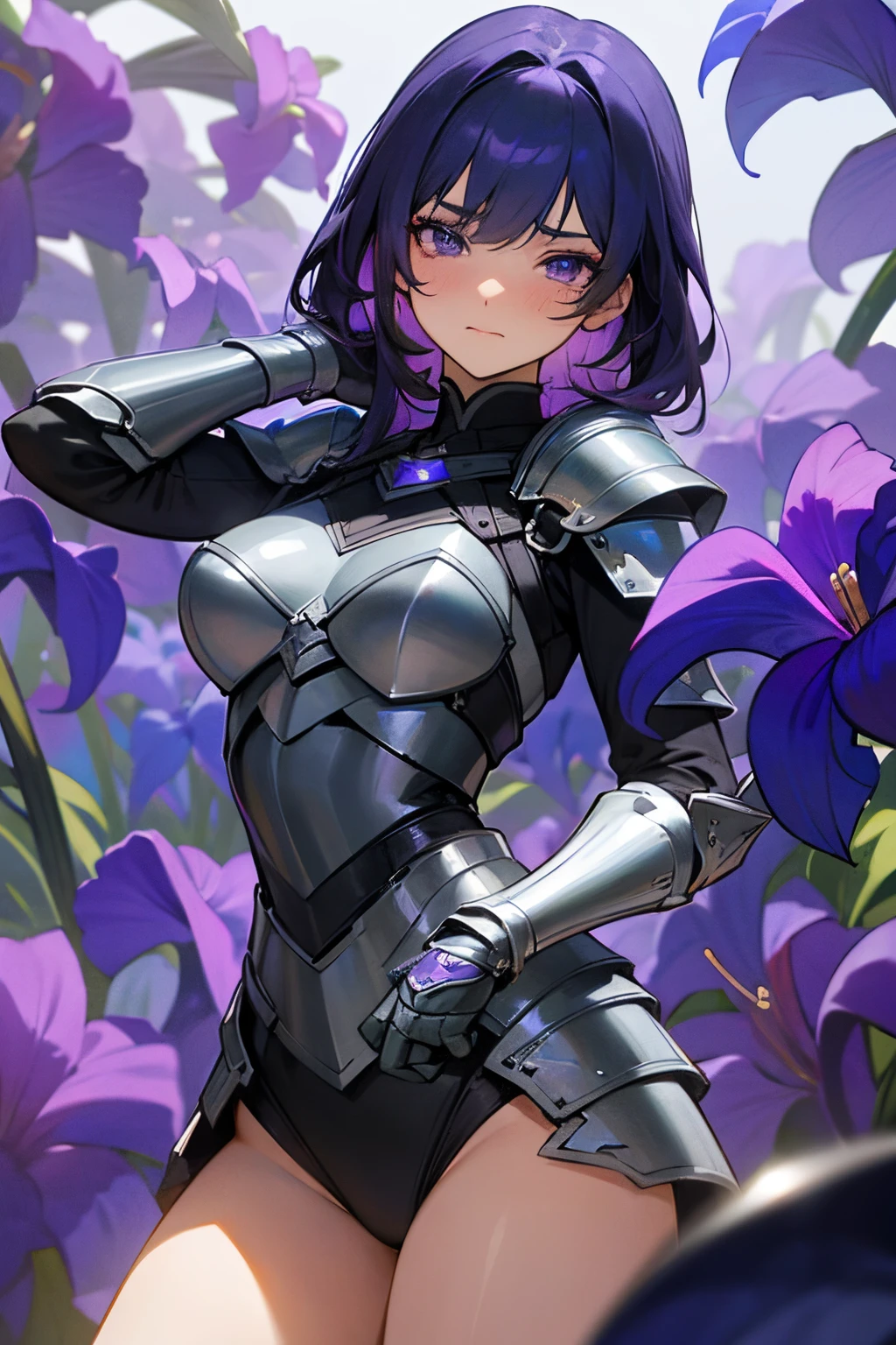 adult female; powerful warrior; enchanting violet irises; armored; is very strong, but gets very shy when around the viewer; loves the viewer a lot; too shy to confess her feelings; getting flustered in an adorable manner; surreal