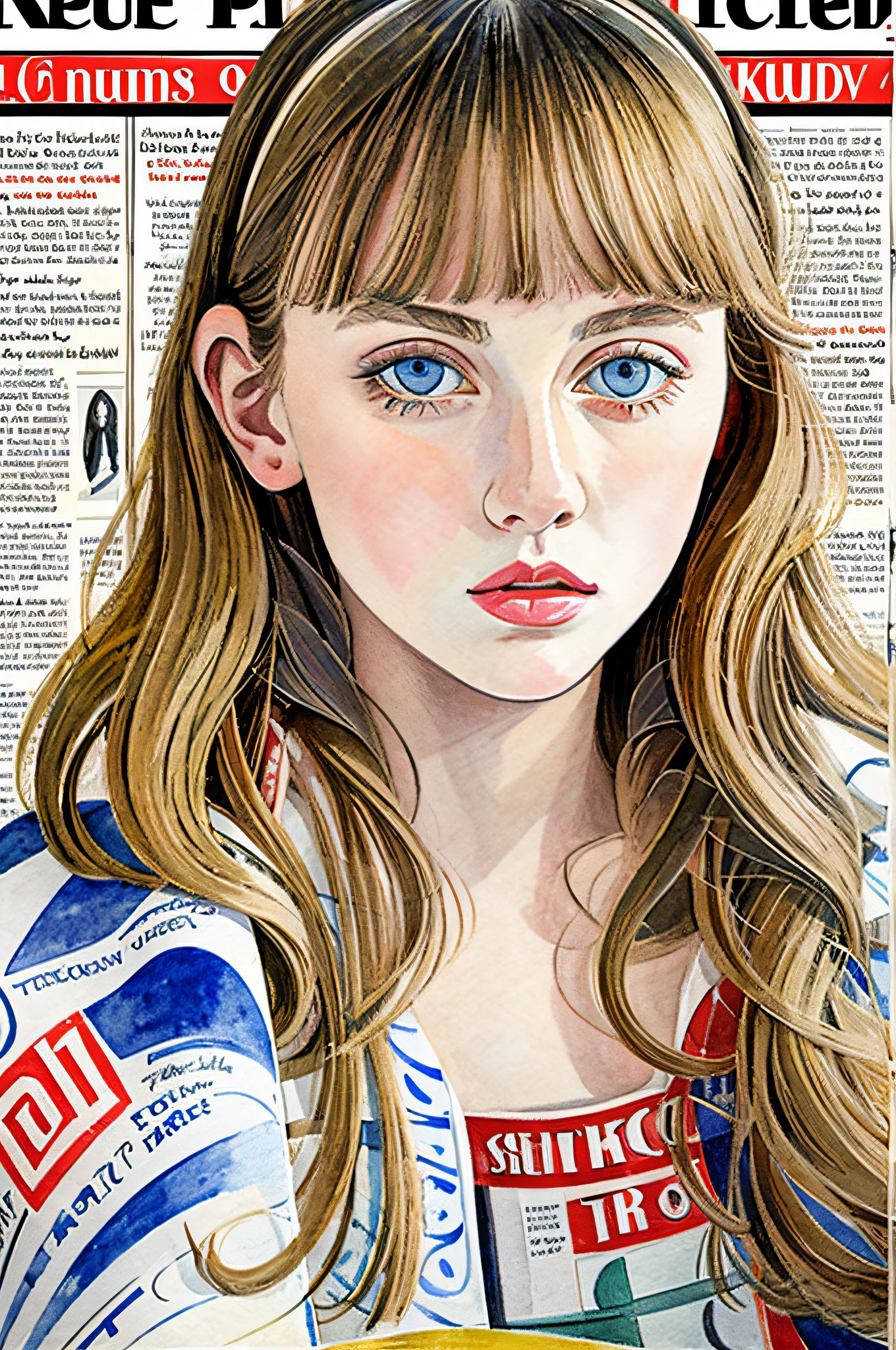 Sketched, watercolor paiting, Collage of Picasso and Robert Delaunay, cubism, Abstract, Cute daughter, big clear blue eyes, Little red cheeks, Blonde long-haired, Face-centric, Against the backdrop of newspapers and fashion magazines, Intricate Brushwork, high-level image quality, A breathtaking masterpiece