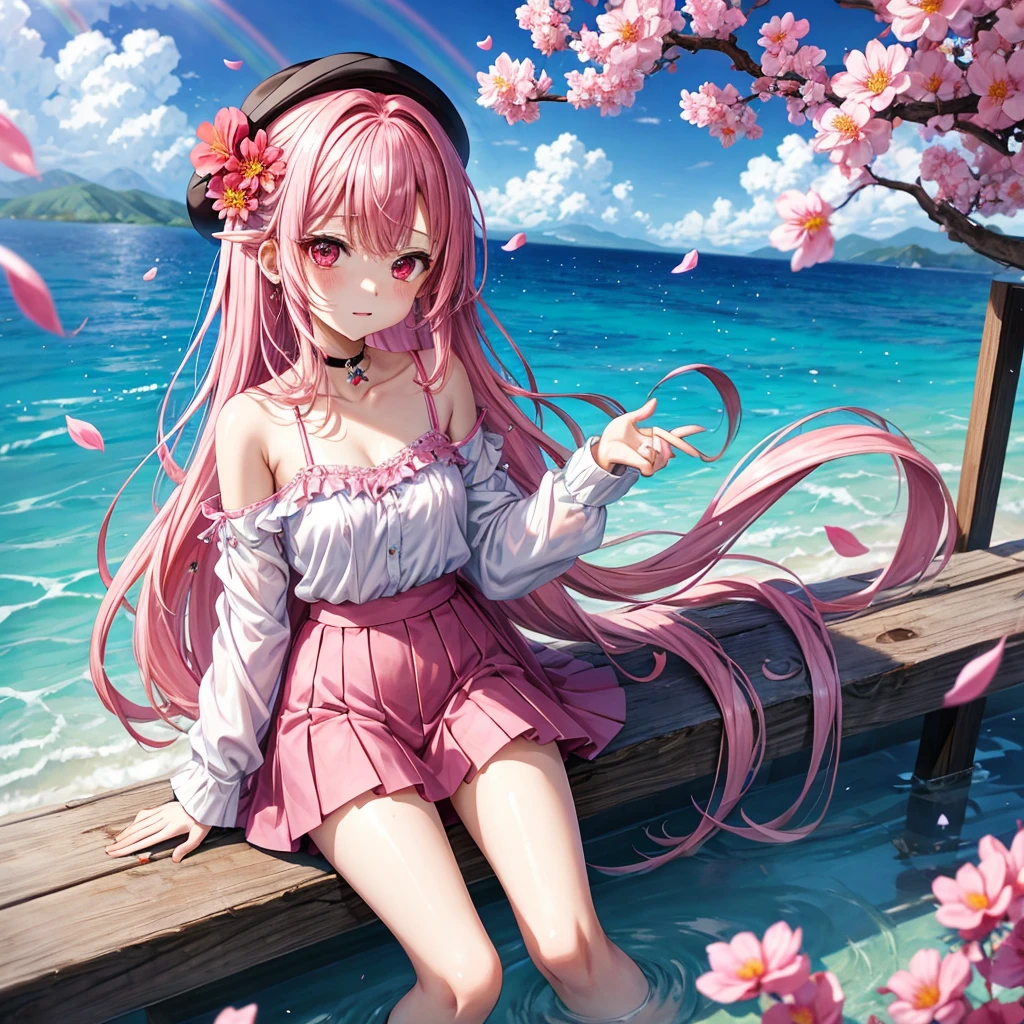 Pink hair、red eyes、1 pretty girl、animesque、a miniskirt、sitting on、flower petals、bare-legged、wetting hair、Hats、piercings、gyuru、Camisole-wearing、sea of clouds、There is a rainbow hanging over it