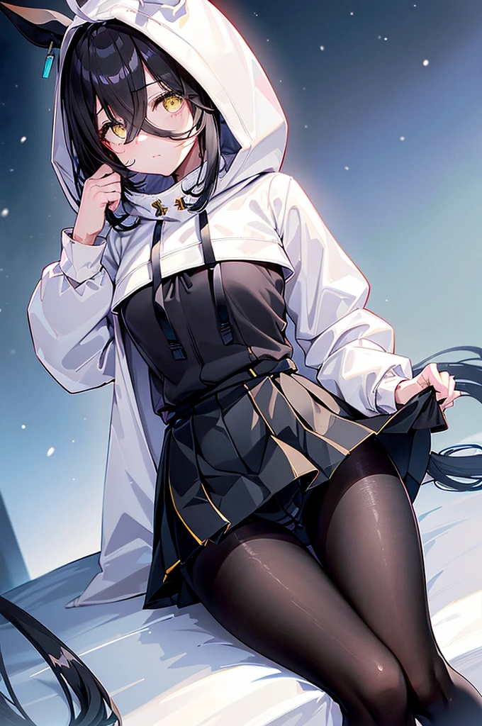 masterpiece、top-quality、light Particle, ultra-detailliert, in 8K,(Bright colors:1.2), (1人の女性), manhattan-cafe(Umamusume)、(horse ear、Horse tail、Horse Girl)、((White ahoge)),long black bangs passing between the eyes,,,disheveled hair, Shiny hair, Shiny skin,((small tits))、((Oversized hoodies))、(((skirt by the)))、((((Black pantyhose))))、long boots、Beautiful yellow eyes, slanted eye, shiny eyes, ((fit hands))、((winter sky))、((Falling snow))、thighs thighs thighs thighs、Leg Focus、 Shadow,