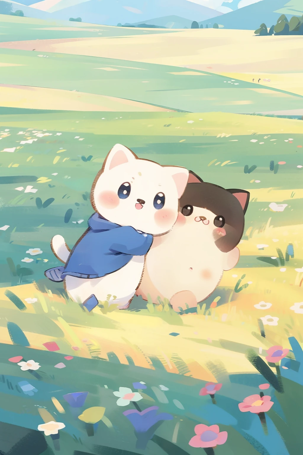 One cute cat, In the wheat field,baiyun、blue-sky、rivulets . wildflowers.