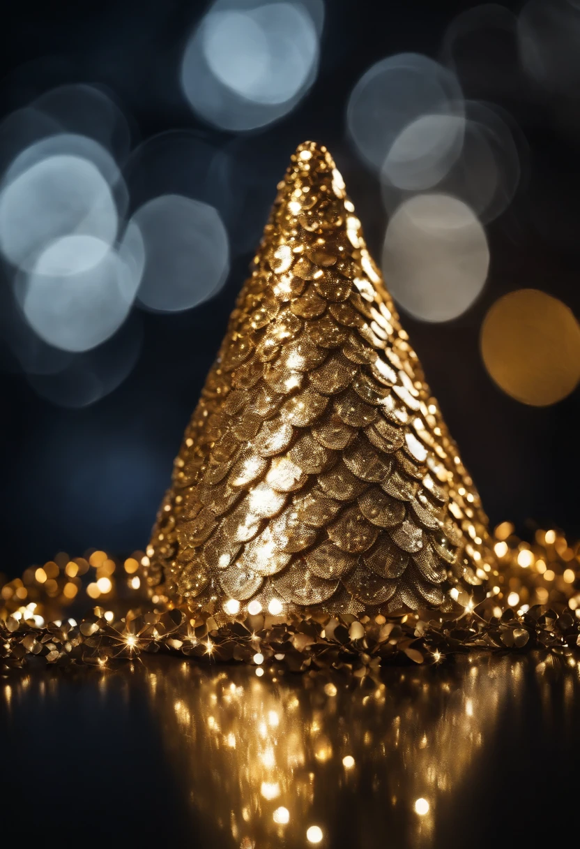 A visually stunning composition of a Christmas hat covered in shimmering silver and gold sequins, catching the light and creating a visually dazzling and glamorous image.