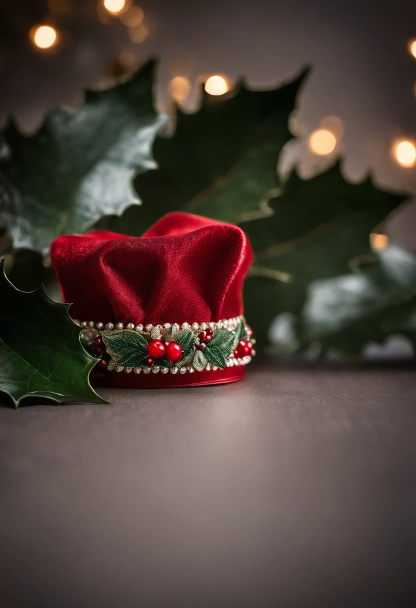 A close-up shot of a Christmas hat adorned with intricate beadwork in the shape of holly leaves and berries, creating a visually festive and traditional image.