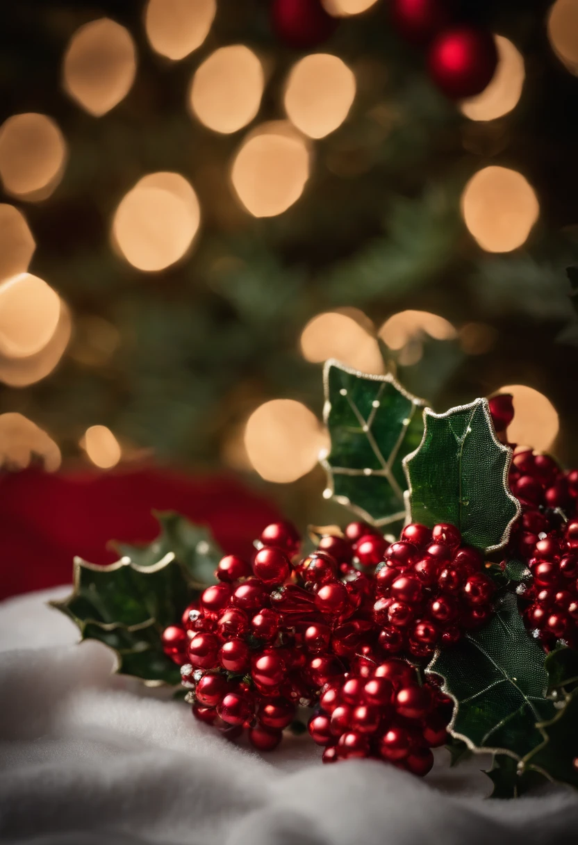 A close-up shot of a Christmas hat adorned with intricate beadwork in the shape of holly leaves and berries, creating a visually festive and traditional image.