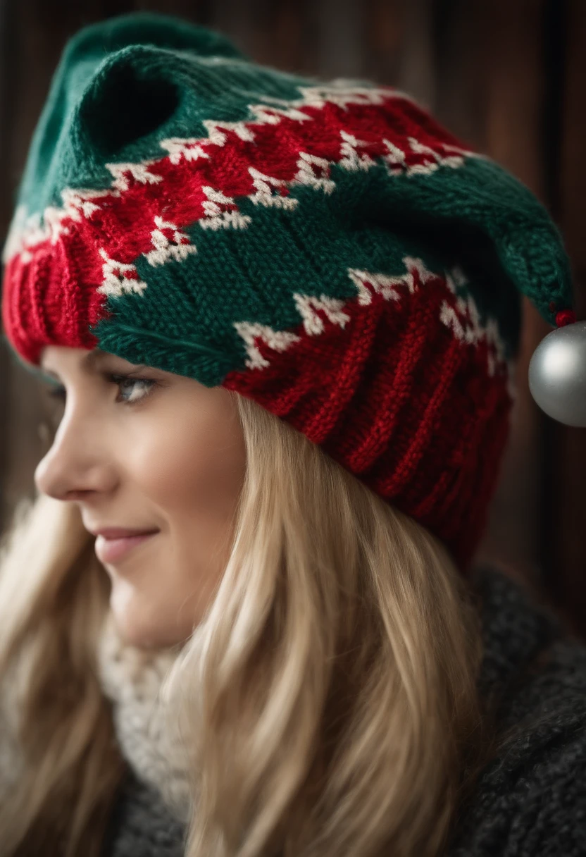 A high-resolution image of a Christmas hat made from hand-knit wool, with intricate Fair Isle patterns and vibrant colors, creating a visually cozy and nostalgic scene.