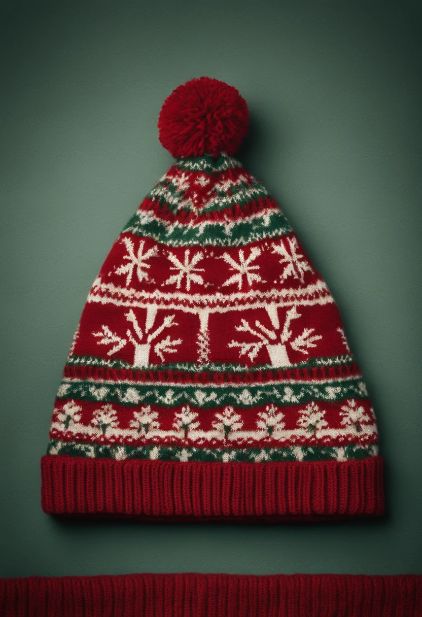 A high-resolution image of a Christmas hat made from hand-knit wool, with intricate Fair Isle patterns and vibrant colors, creating a visually cozy and nostalgic scene.