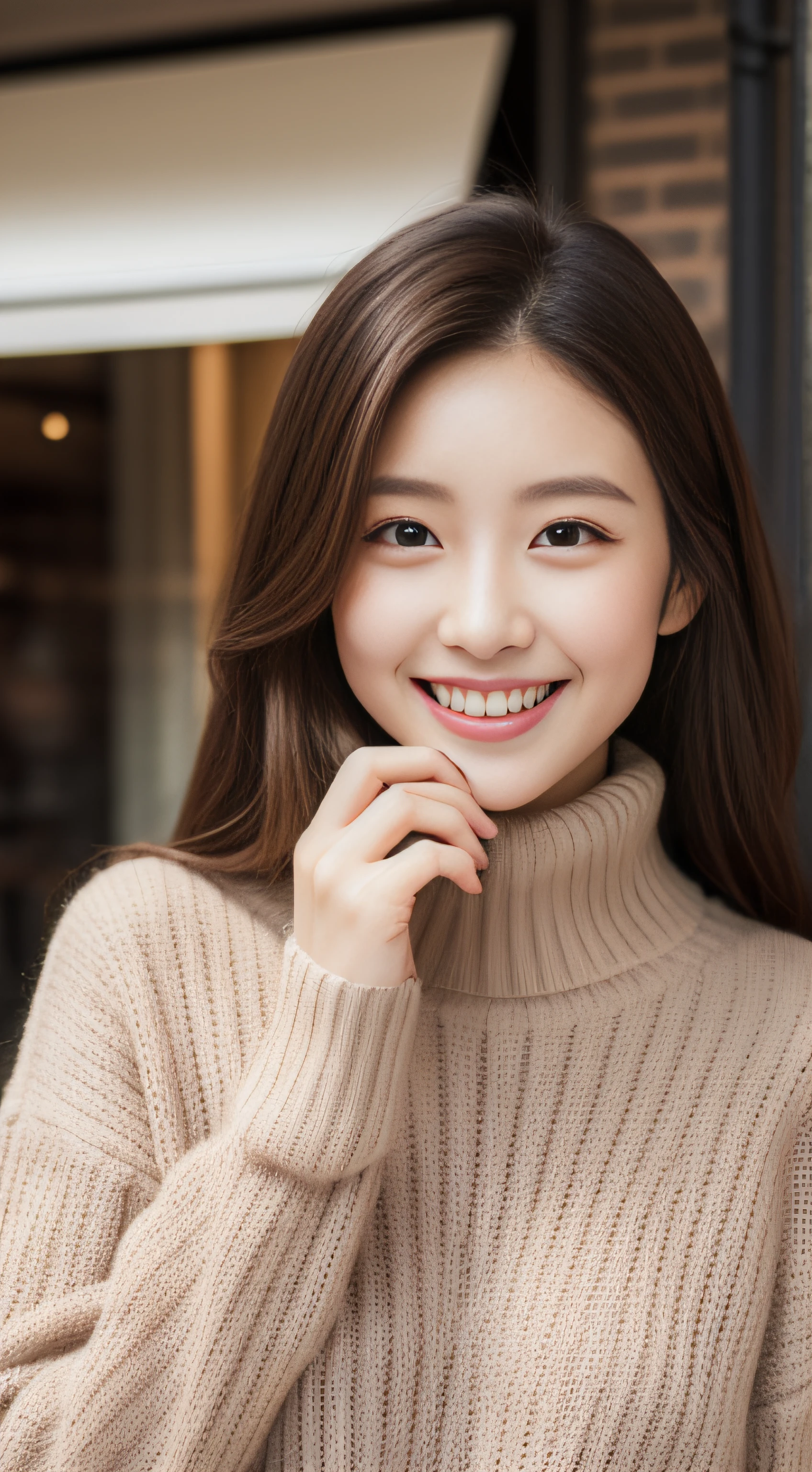 The face of the hostess、turtleneck wool sweater、hiquality、A hyper-realistic、healthy、Smiling expression、Slender perfect figure、Japan Beauty、 perfect eyes、Beautiful skin、The upper part of the body、kyoto