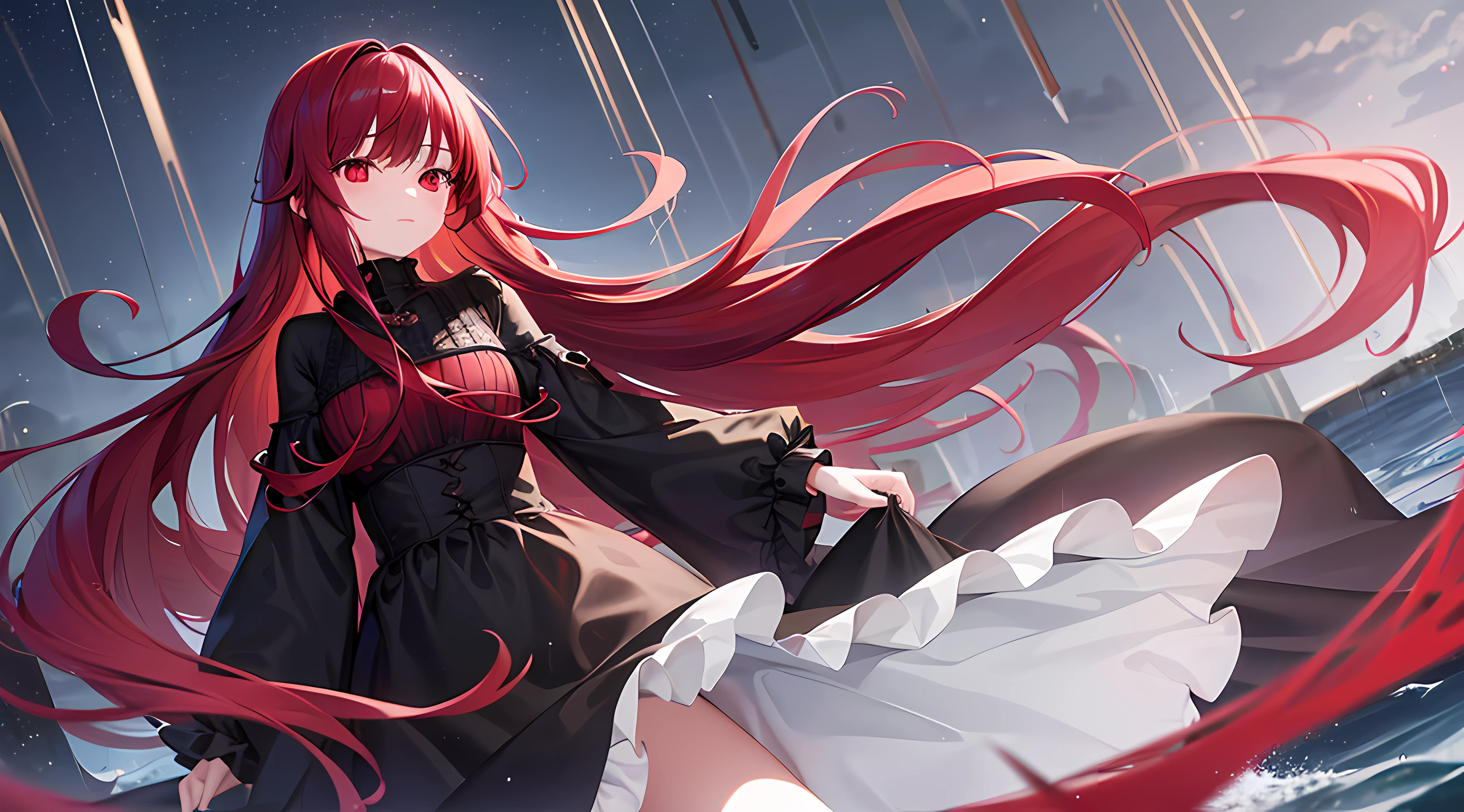 1girl ,alone ,rainy weather ,floating on sea ,long red hair ,red eyes ,with a face that feels nothing ,bored and overwhelmed by everything ,dark weather ,13 years old girl ,dressed elegantly in a full-body black gown ,looks glow ,Glow Eyes