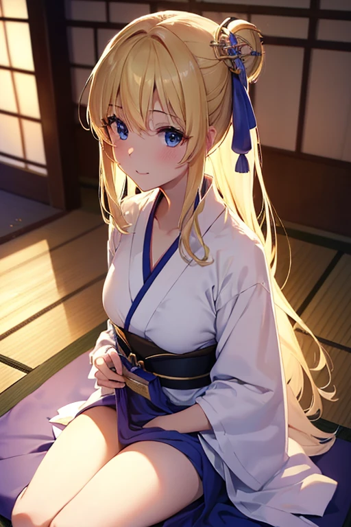 Best Quality,High resolution, Ultra-detailed,Game CG,a beauty girl,Upper body,a blond,Blue eyes,ssmile, flat chest,Yukata at the ryokan,(yokozuwari:1.5), back focus, From above, Looking to the side,Beautiful nape