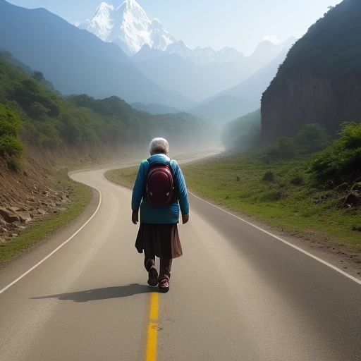 create a youtube thumbnail " a 68 year old man travling by foot India to chaina Nepal Bangladesh Bhutan on road