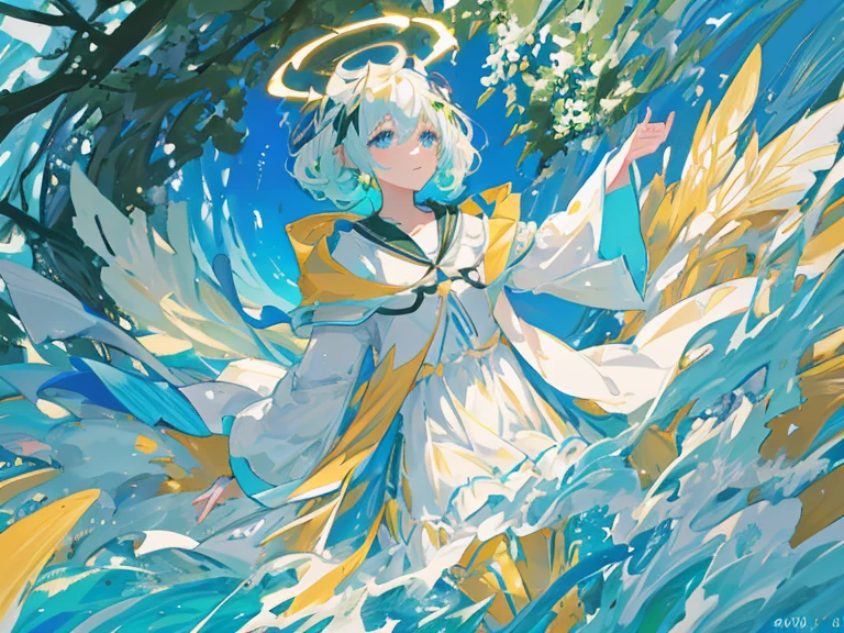 hatsune miku,Detailed Face, Light vintage color,planar, RISO Print Style,illustartion,Adols,Leave empty space,Low saturation,Individually organized,hight resolution, comic book character, comic, high quality detailed, style of ::2.0 comix illustration style,tatoon style, hiquality, hight resolution, detail enhancement, 8K, HD, Best Quality, hiquality, hight resolution, detail enhancement, 8K, HDR, sharp-focus, Ultra Detailed, perfect lighting, white colored hair, Curly, eye shadow, in a bathrobe, waves his hands in the air, bubbles, the wind, luminous skin, blue skies, dark shadows, Lustrous Hair, Dark halo, glowing eyes, Detailed background, water:1.2, Flowers:1.2, Masterpiece, 8K, woods、Natural background, like a, For example, shore of the lake、Efficient use of light and shadow、 Realistic & ultra realisic, kindness, extremely detail, (Colorful:1.1), (Colorful Background1:1), (#30B3FF:1.5), (#FA52F4:1.1), Dance with Unearthly Creatures, Tarot symbols, bird、bee、 pale skinned man,Medium Hair, Druid, half-elf ,Dressed as a druid,illustartion,Realistic,Harmonious colours,natural lighting, Green clothes, white colored hair, curly hair