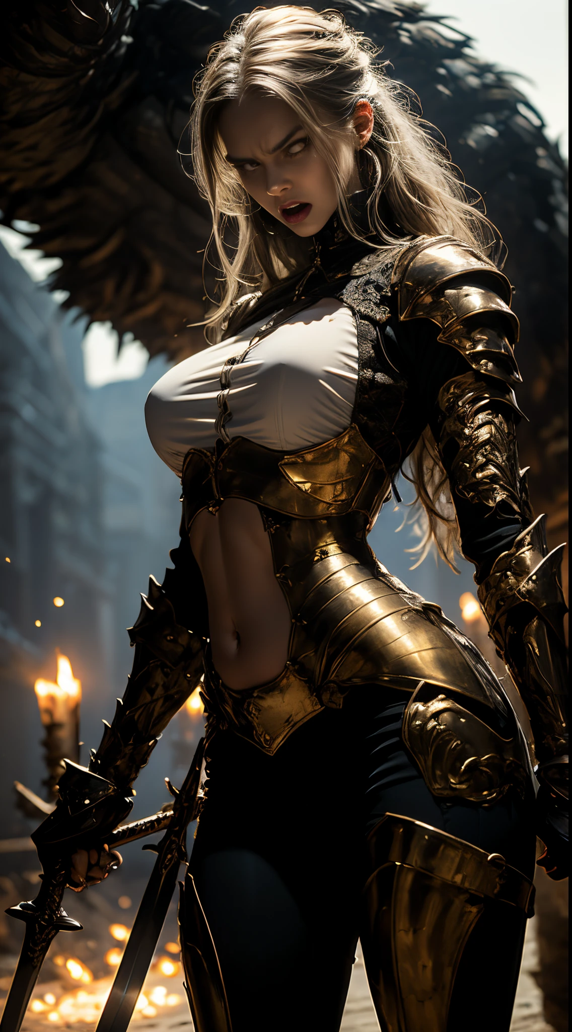 NSFW, 8k, best quality, highres, realistic, real person, A dynamic scene of a fierce and muscular female knight with golden hair, wearing light armor that reveals her muscular abdomen and arms, caught in the action of swinging her massive sword and shouting fiercely. She is in the midst of battle, the intense expression on her face reflecting her battle cry, with the ancient castle and the chaos of the siege in the background.